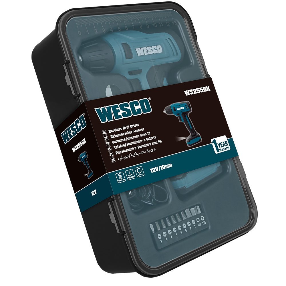 Parafusadeira/Furadeira a Bateria 12V 1.3Ah Li-Ion 3/8 Pol. com Carregador Estojo e Acessórios WESCO-WS2555K