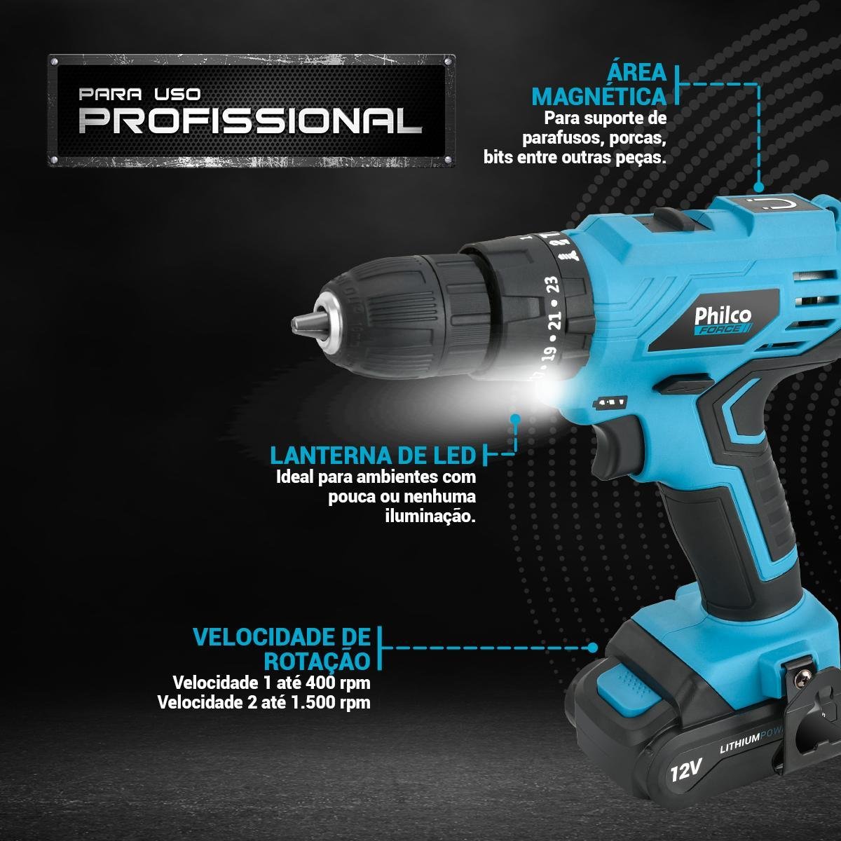 Parafusadeira 3 em 1 Philco Force 12V 15 Acessórios PPF120M