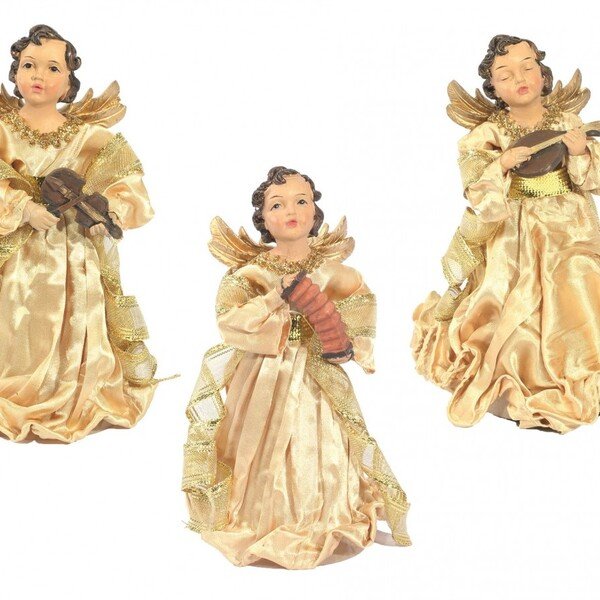 🏺 Conjunto 3 Estátuas De Natal Decorativa Em Resina Anjos Musicais Dourados 17,5cm🏺