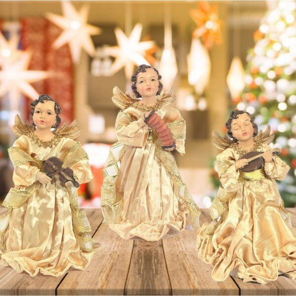 🏺 Conjunto 3 Estátuas De Natal Decorativa Em Resina Anjos Musicais Dourados 17,5cm🏺